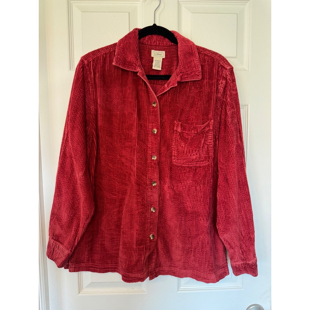 100% Cotton LL Bean Womens Red Wide Wale Corduroy Button Down Size M-Reg